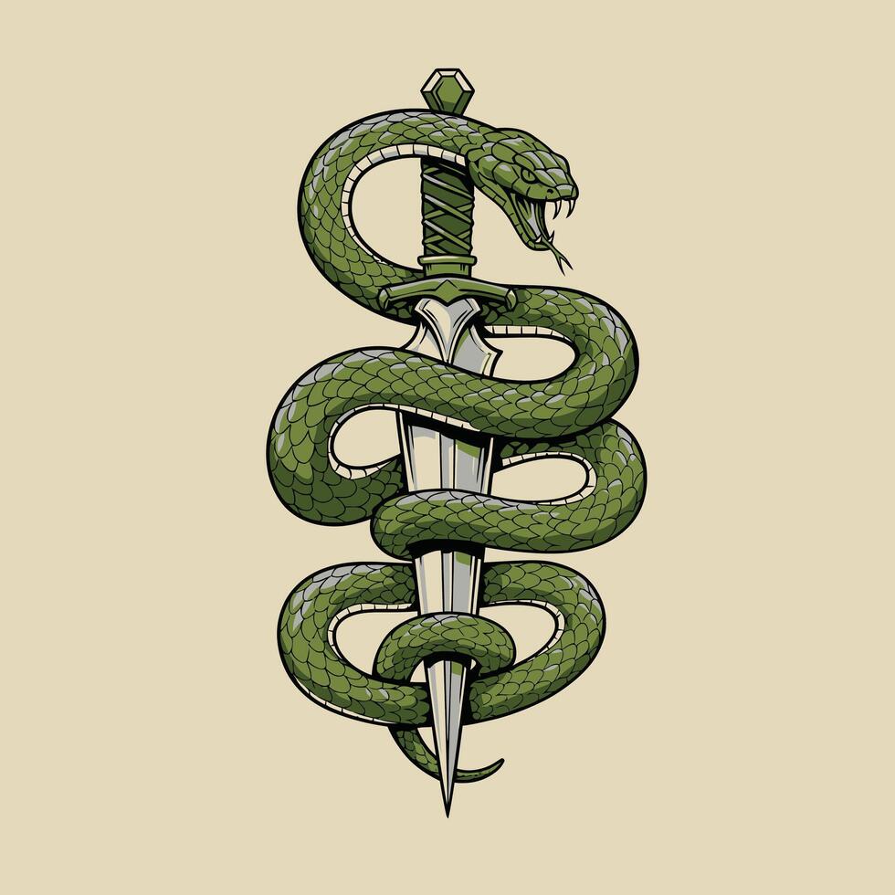 Snake and dagger in green logo design vector