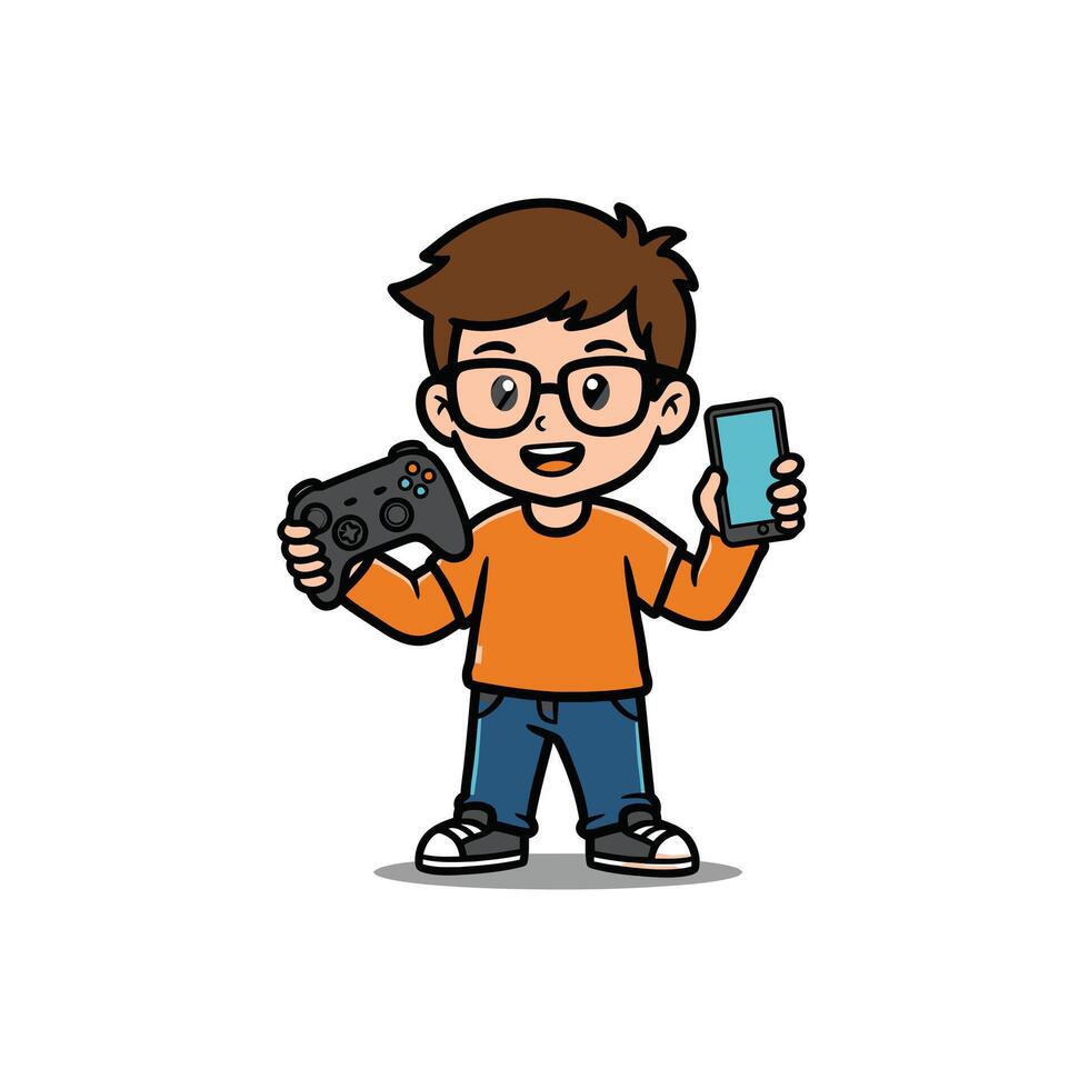 Cartoon boy holding a phone and a game controller logo design vector