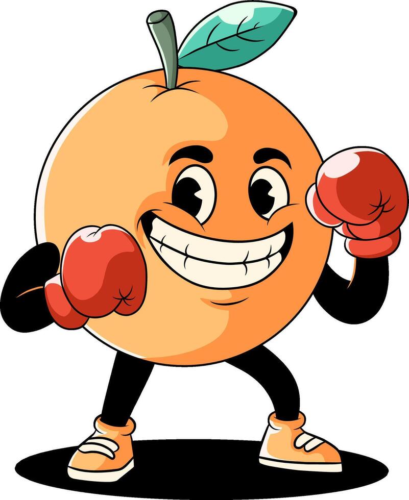 Groovy cartoon mascot character of an orange wearing boxing gloves. Cheerful and fit expression, highlighting the vitamin and nutritional benefits of oranges for athlete fitness. vector
