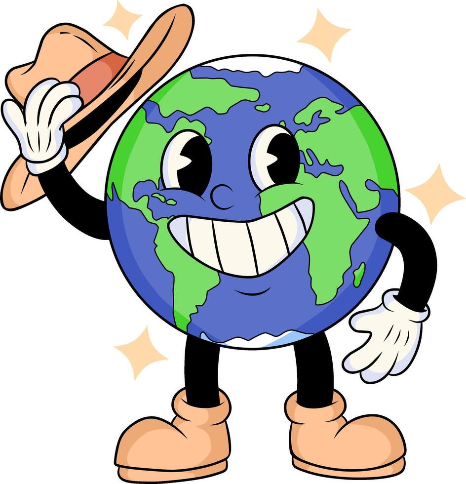 Groovy 60s style cartoon Earth character tipping a hat, celebrating Earth Day. vector