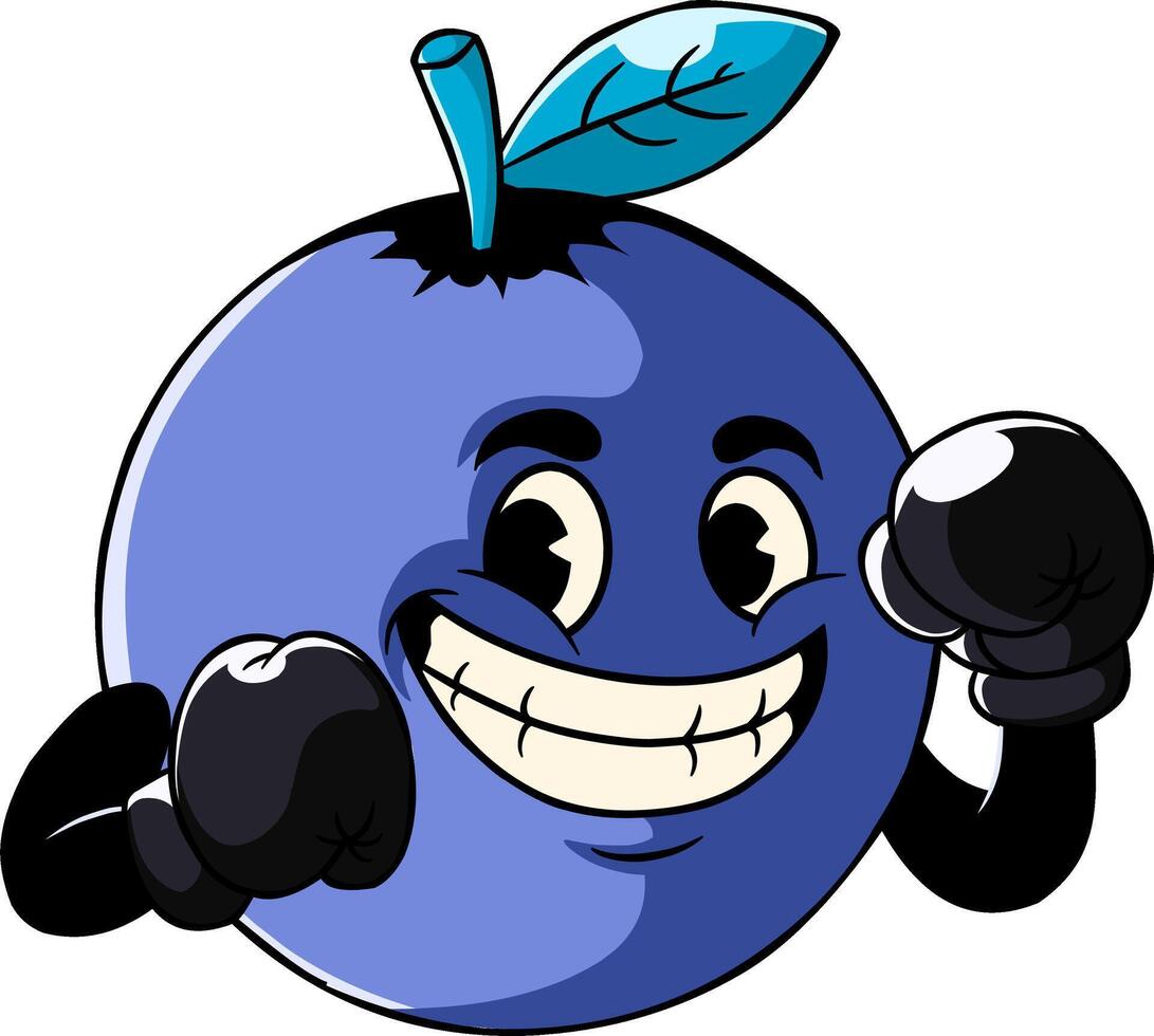 Groovy cartoon mascot character of a blueberry wearing dark metal boxing gloves. Cheerful and fit expression, highlighting the vitamin and nutritional benefits for athlete recovery,resilience vector