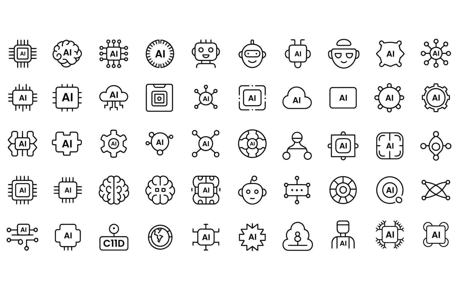 Artificial Intelligence Line Icons Set , Machine Learning, Neural Network, AI Chip, Robot, Automation, Technology Symbols for Web, App, UI, UX, and Infographic Design, AI icons . vector