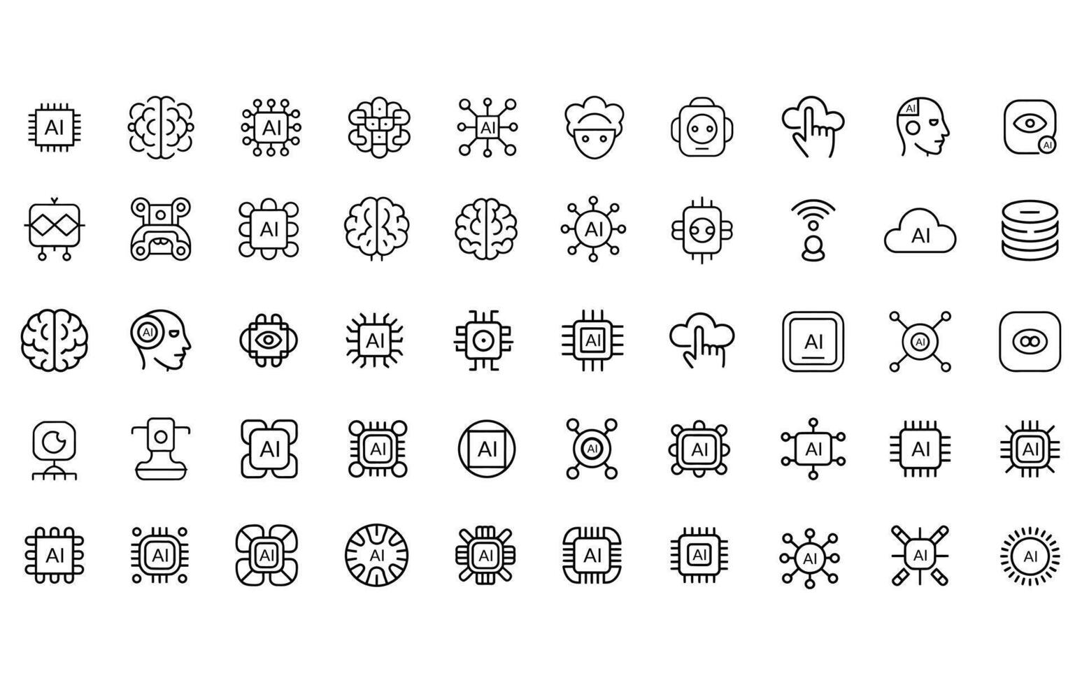 Artificial Intelligence Line , Icon Set, 50 AI Icons Featuring Neural Networks, Machine Learning, Cloud Computing, Robotics, Data Analysis, and Modern Tech Elements in Stroke Style, AI icon set. vector