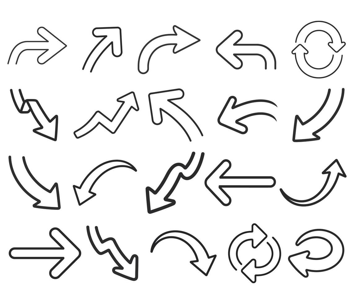 Minimal Line Art Arrow Icon Set, Hand-Drawn Style Direction and Navigation Symbols vector