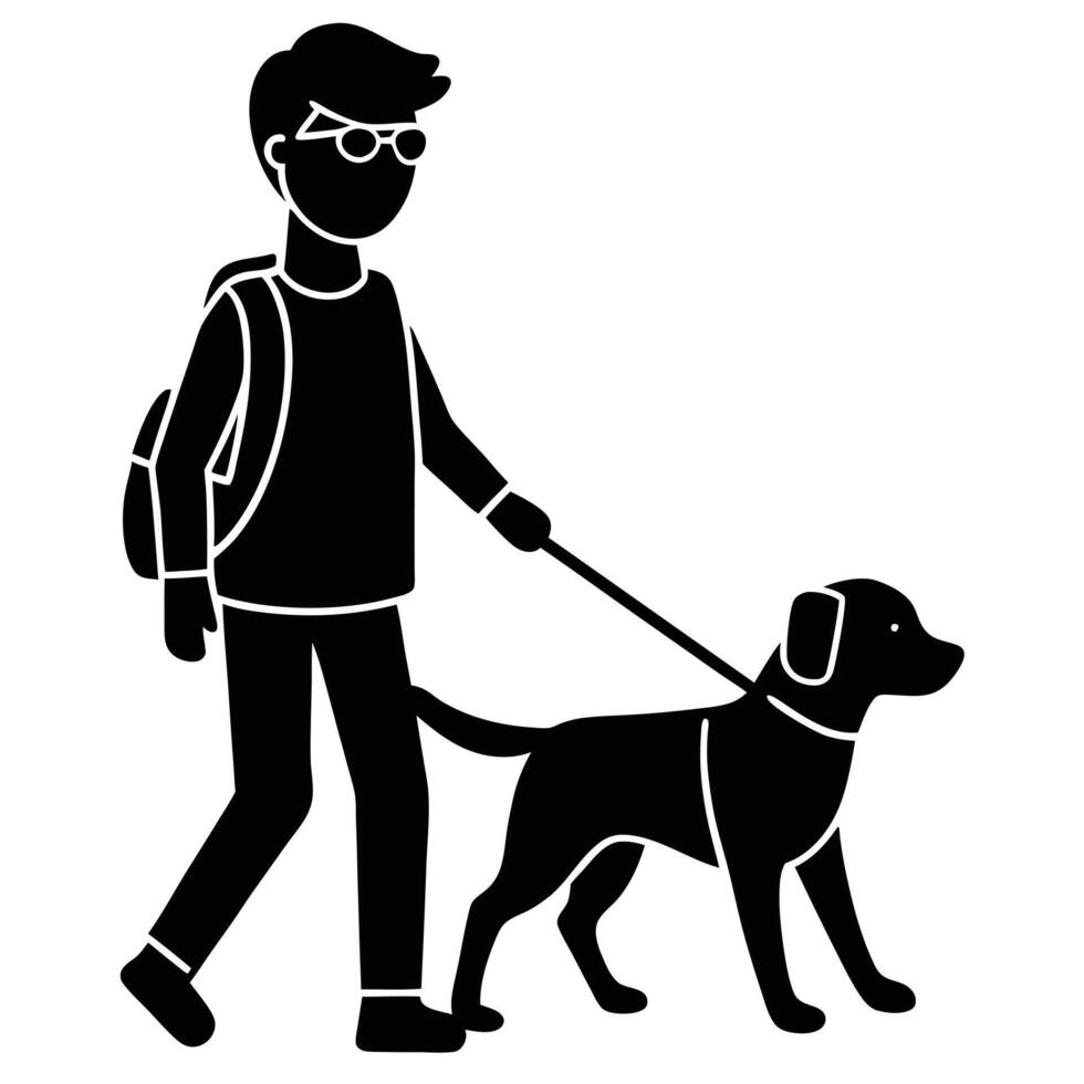 Person with a backpack walking dog on leash silhouette graphic illustration vector