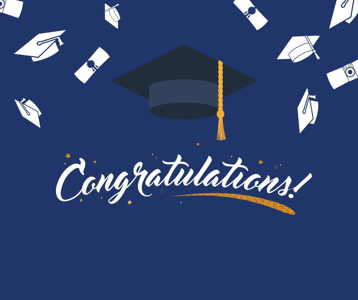 Graduation cap and diploma on blue background with money flying around vector