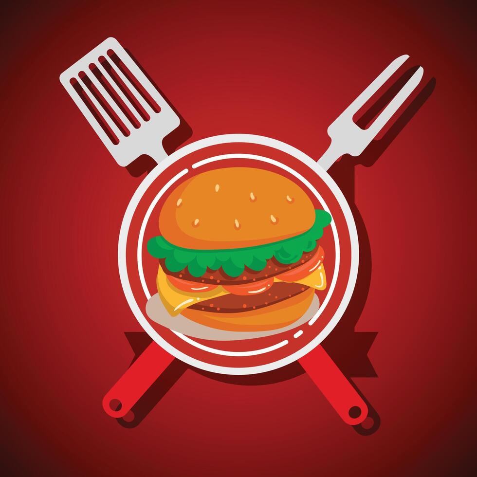 A hamburger and spatula on a red background vector