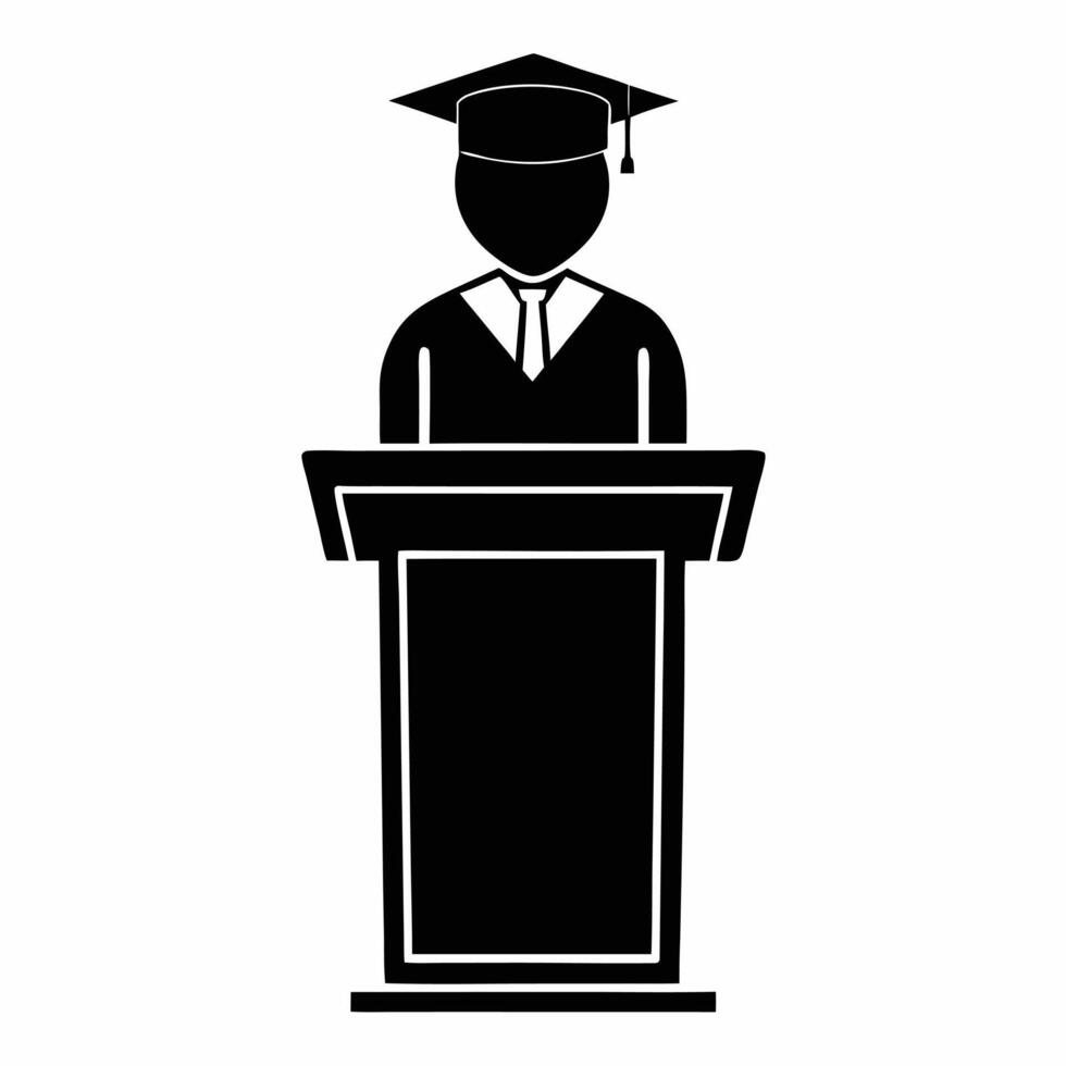 Graduate Student Silhouette Speaking At Graduation Ceremony Standing Behind Podium Illustration vector