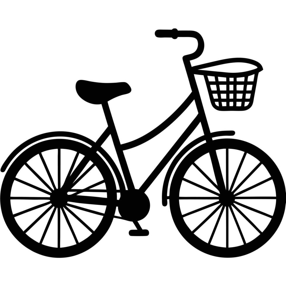 Black and white illustrated bicycle with basket for leisure or transportation design vector