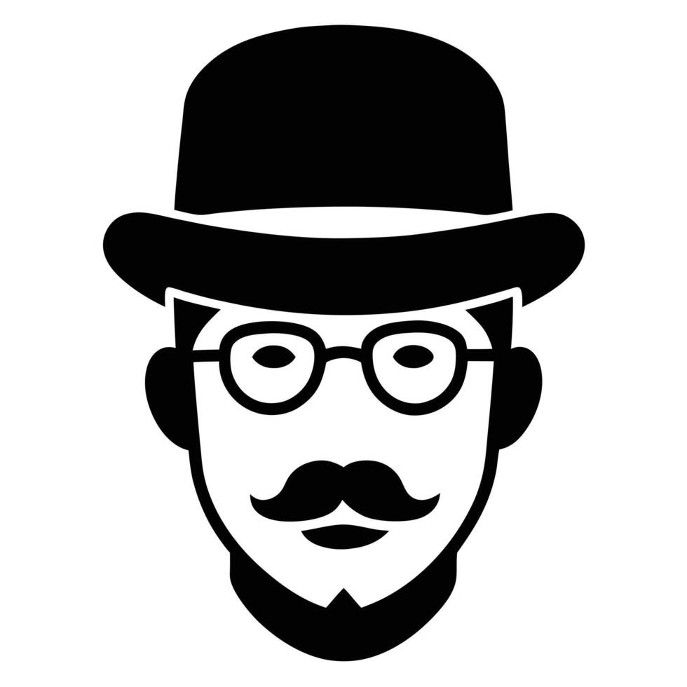 A silhouetted face of a man wearing a bowler hat with glasses and a mustache vector