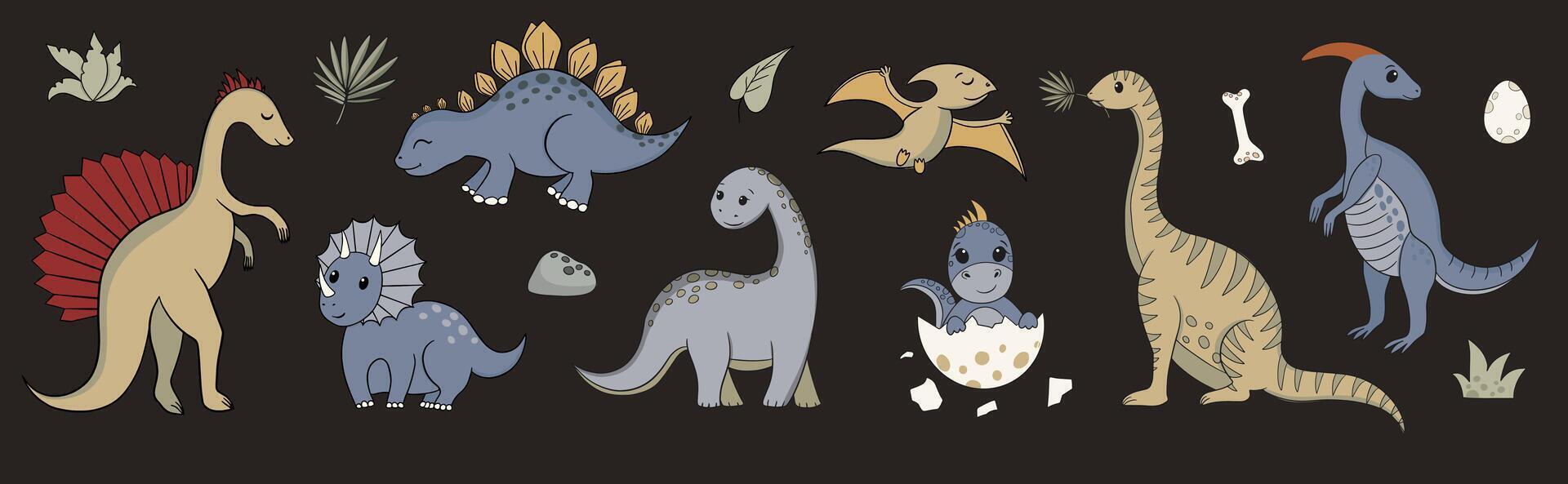 Jurassic period dinosaurs set. Cartoon ancient reptiles vector