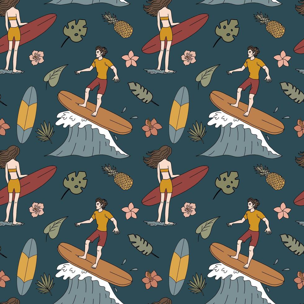 Summer mood, surfing seamless pattern in retro style vector