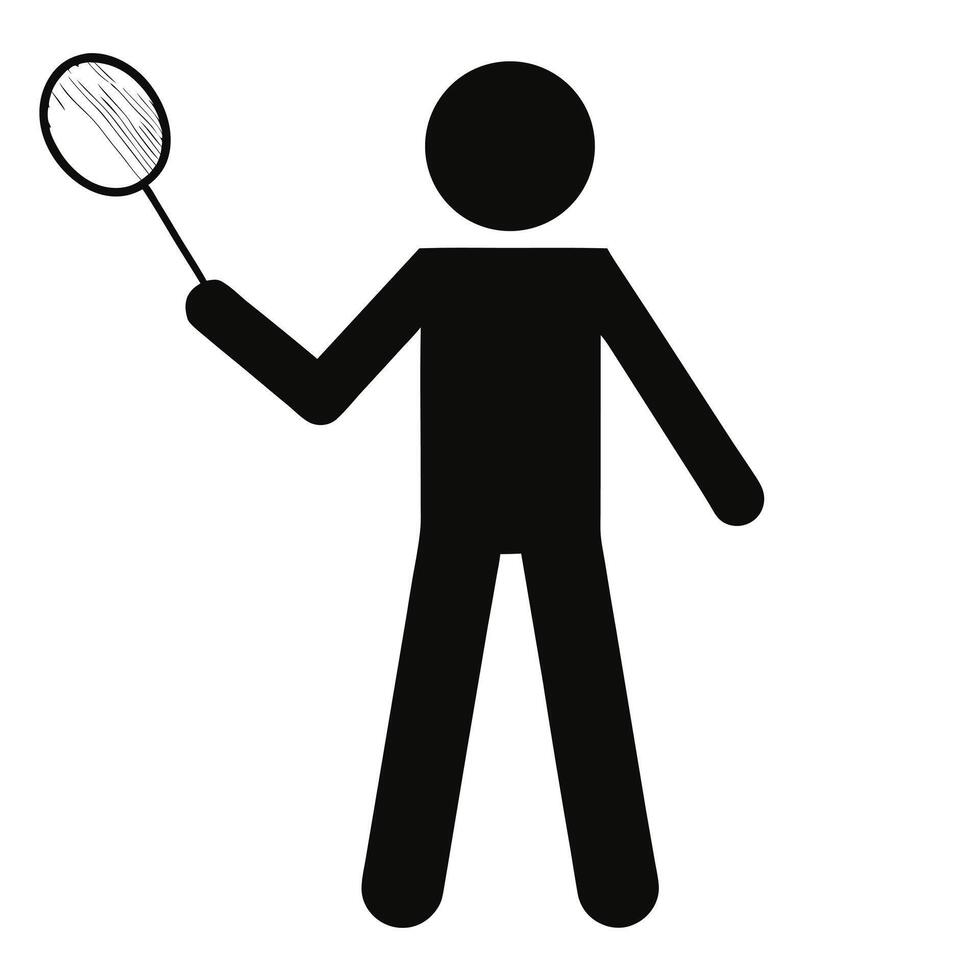 Badminton Player Stick Figure Holding A Racket Ready To Serve On A White Background vector