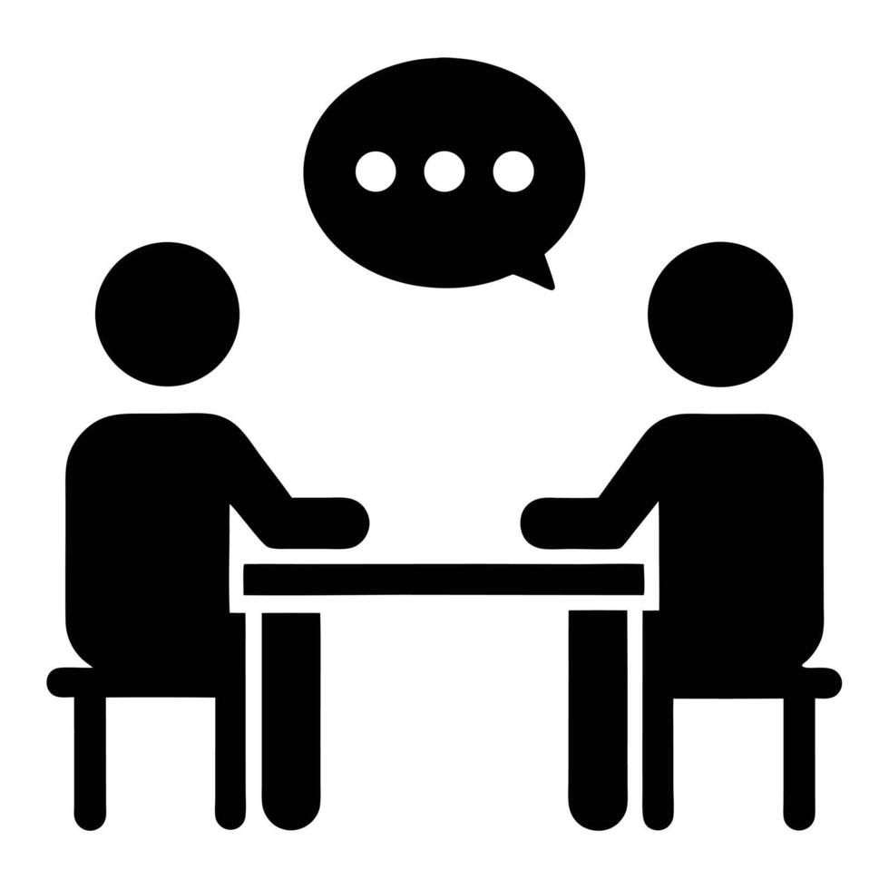 Two people sitting at a table with a speech bubble symbolizing communication vector