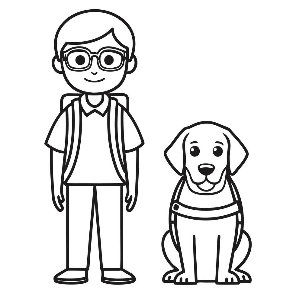 Boy and guide dog outline illustration depicting companionship and assistance vector