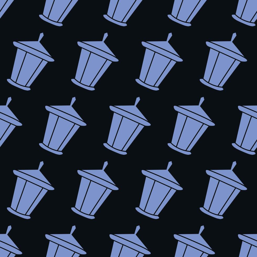 Seamless Pattern of Lanterns Street Lamps on Black Background. Concept of Streetlight Design, Urban Style, Nighttime Aesthetics, Minimalist Geometric Shapes, Modern Decor, Architecture Elements vector