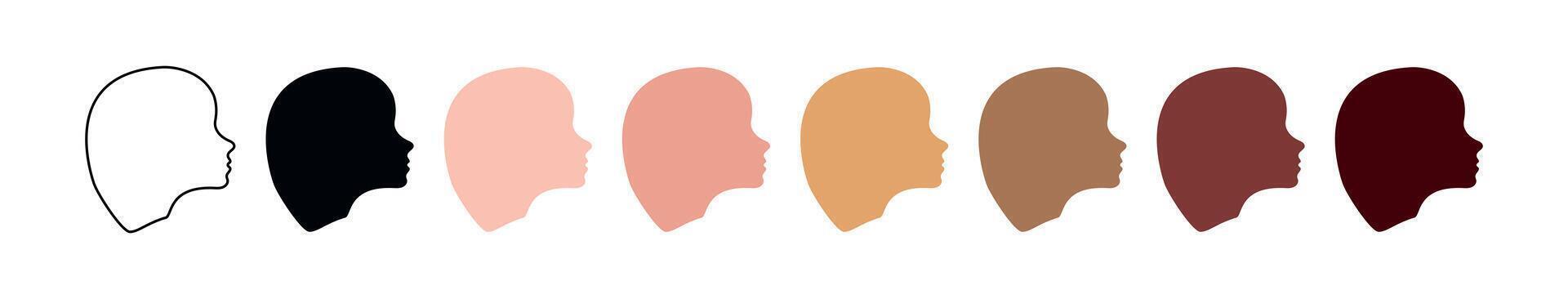 Set of Diverse Human female Faces in Profile Silhouettes and Outline with Different Skin Tones. Concept of Woman, Head, Diversity, Inclusivity, Ethnicity, People. Clipart for Design. White background vector