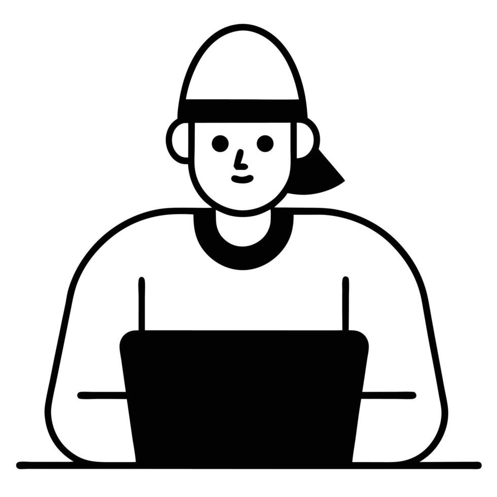 Minimalist Black And White Illustration Of A Person Using A Laptop Computer vector