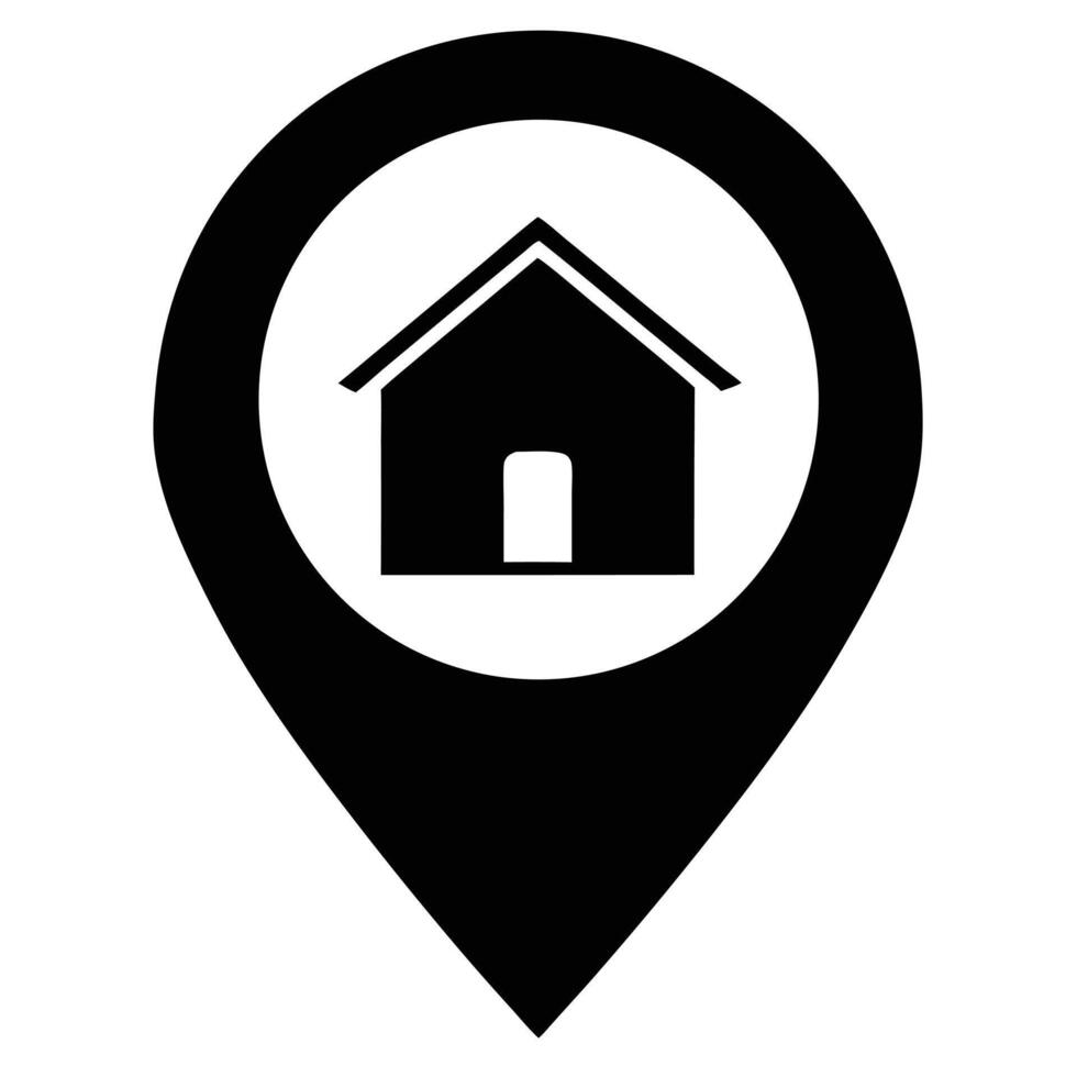 Home location icon showing house inside a black pin on white background vector