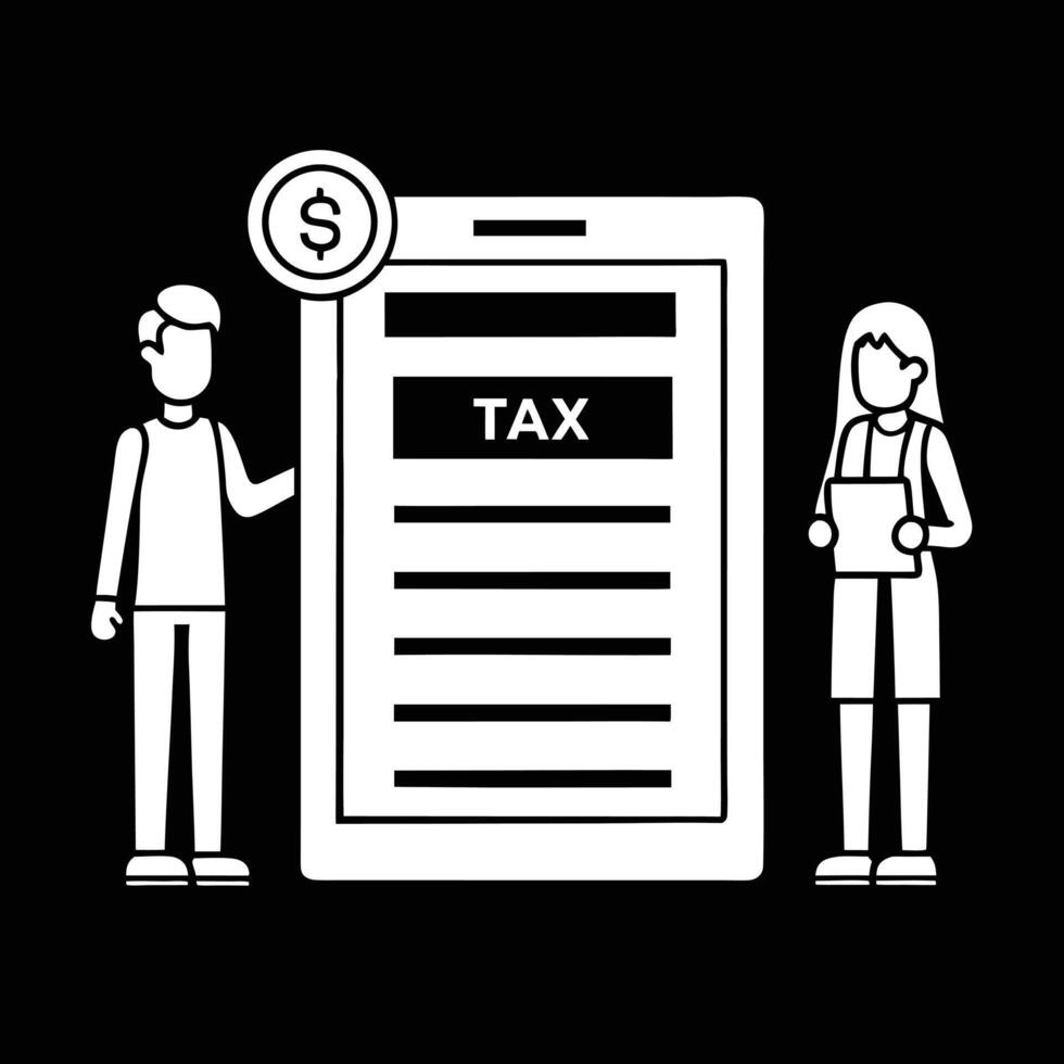 A man and woman are standing next to a tax form vector