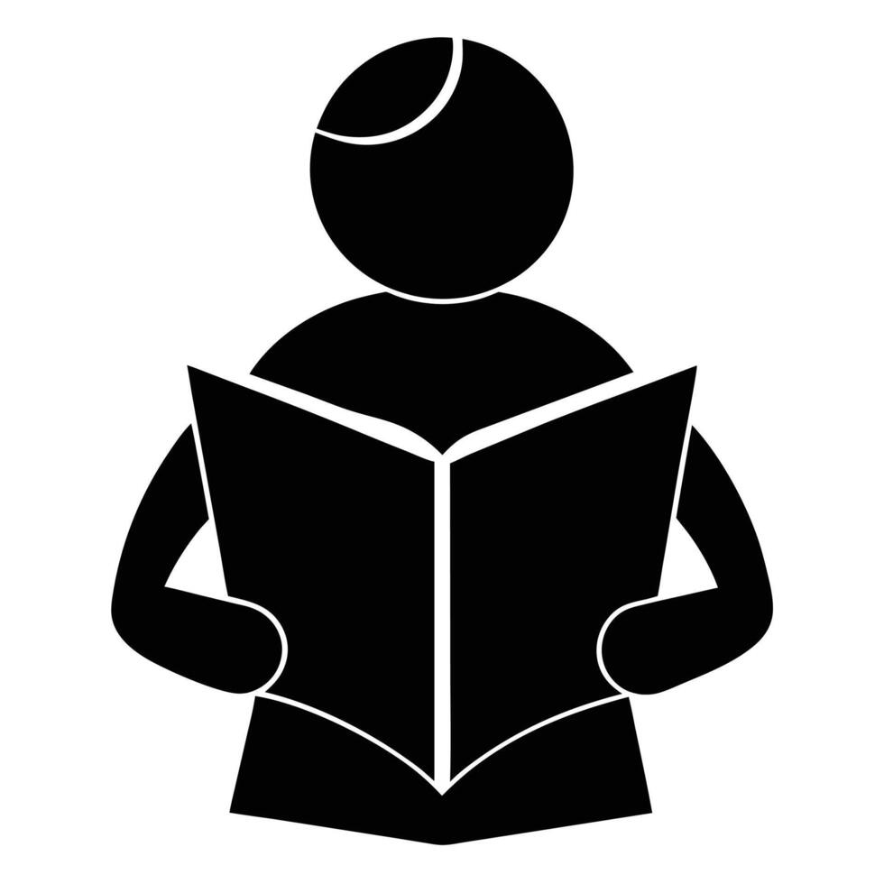 Black and white illustration of a person reading an open book simplified vector