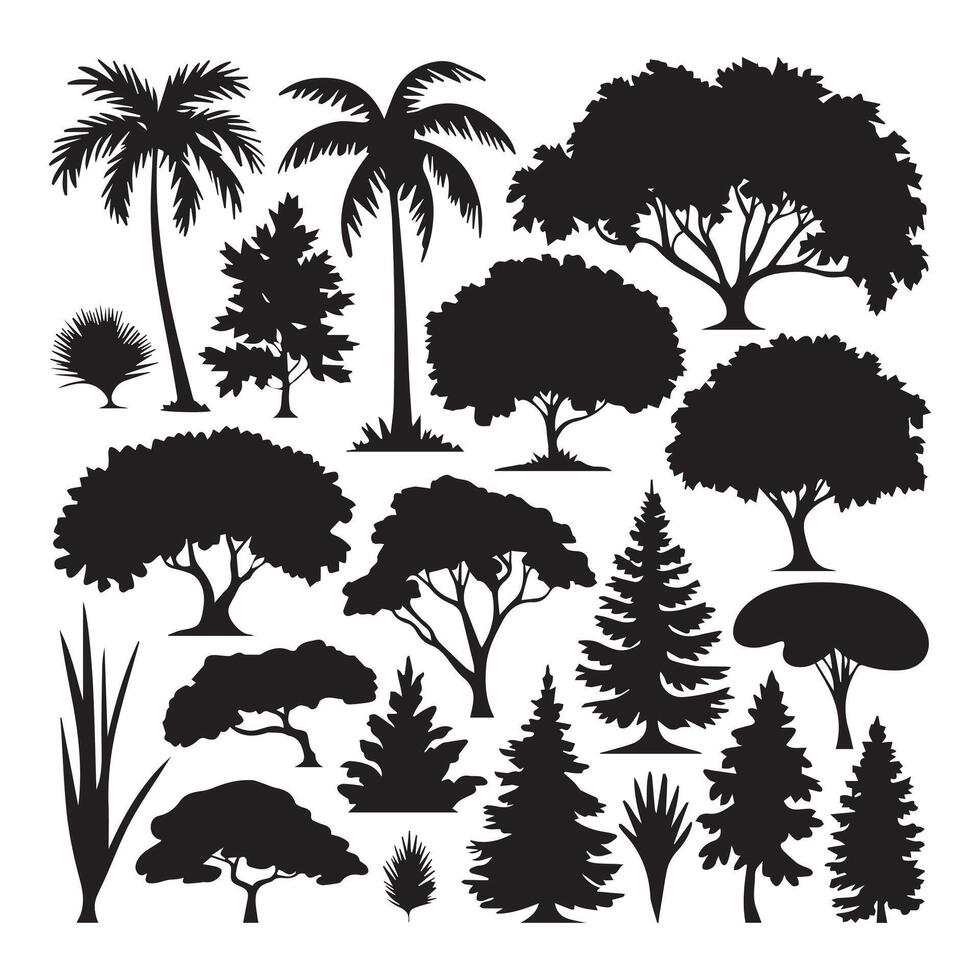 Collection of Black Silhouettes of Various Trees and Plants vector