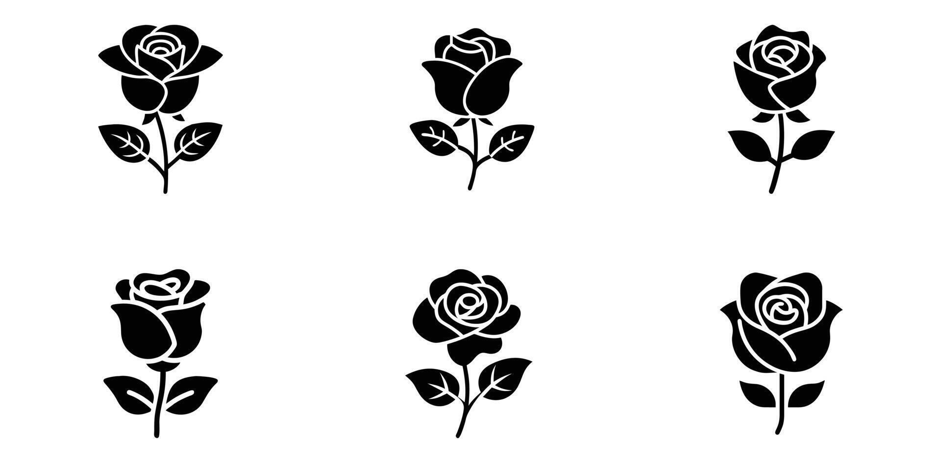 Six Black Rose Silhouettes Simple Floral Designs vector