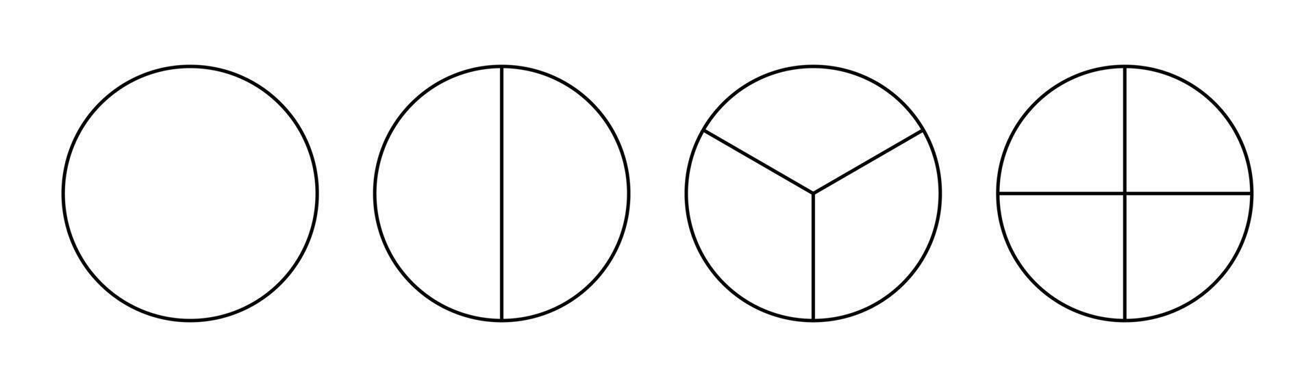 Divided circle in one, two, three, four segments. Pie, pizza round shape cut in 1,2,3,4 equal slices. Outline style. Black minimalist line chart. vector
