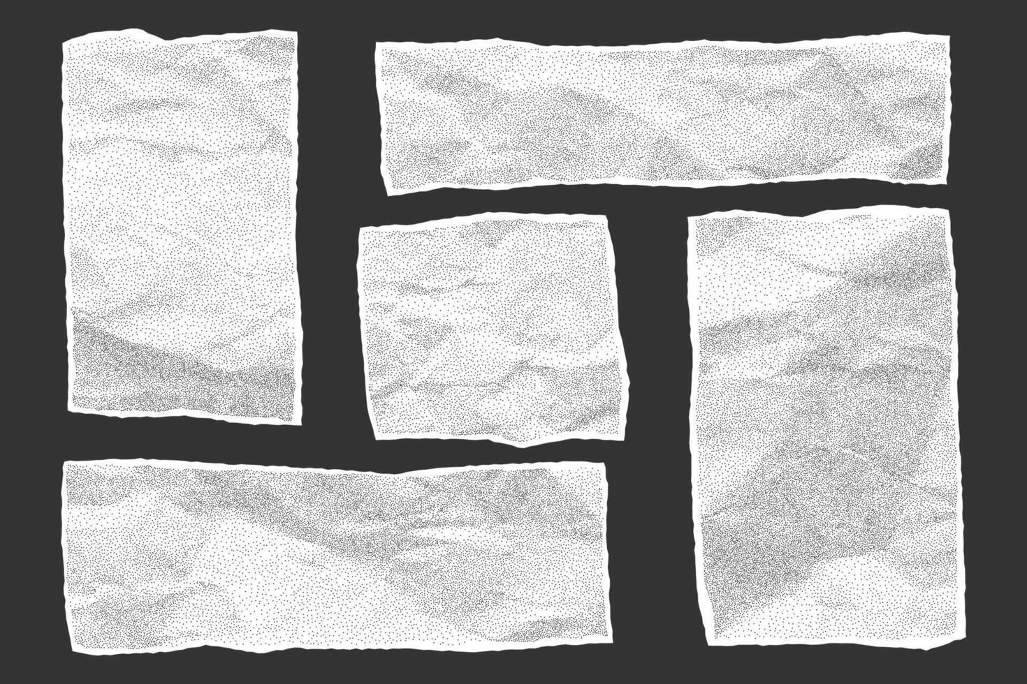 Set of crumpled torn paper fragments shaped as rough rectangles. Elements with jagged torn edges, textured notebook sheets with gritty dotted halftone effect, irregular text box. vector