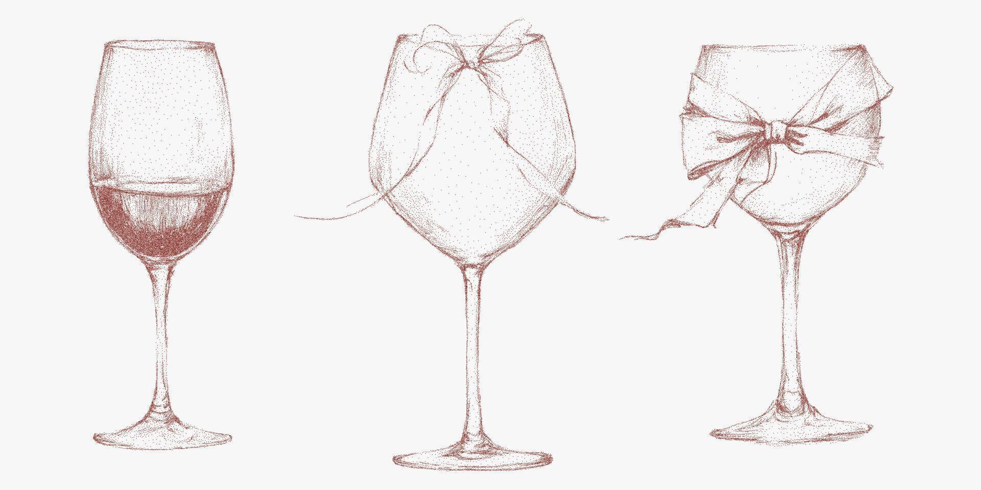 Collection of festive Italian style cocktails with bow and ribbons. Drinks in vintage ink sketch, coquette style. Noisy gritty dot halftone texture, retro pop art stipple illustrations for menus. vector
