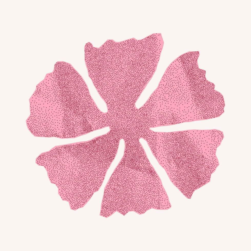 Crumpled pink flower sticker with jagged torn edges. Paper texture and halftone gritty overlay, designed for retro collage and minimalist poster. vector