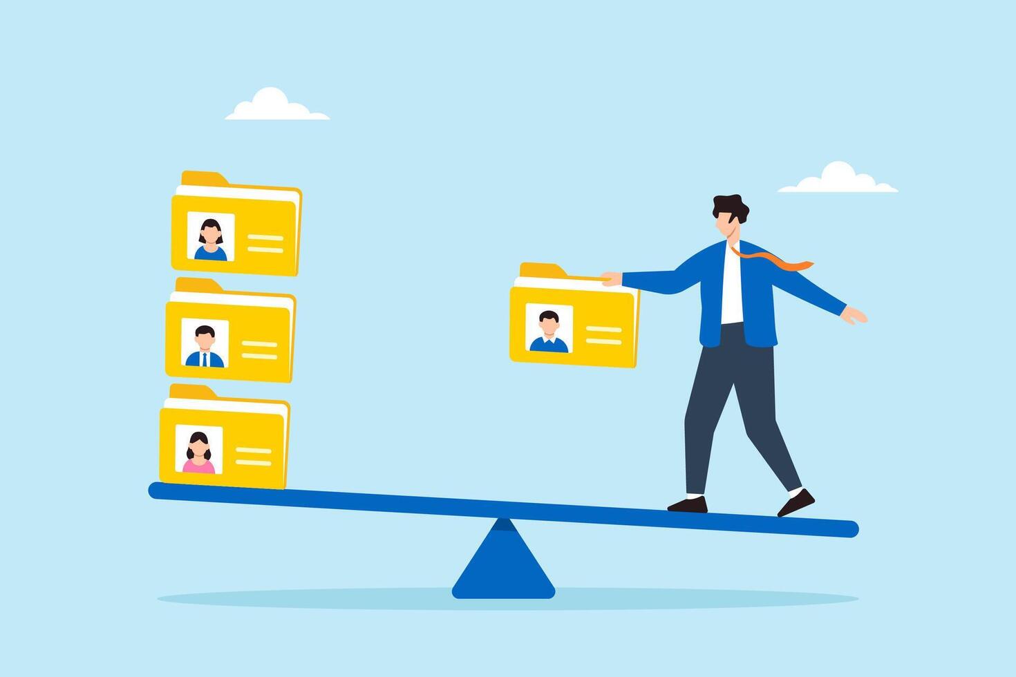 Flat illustration of human resource manager balancing candidate profile folders on seesaw to sort applicants for recruitment decision and onboarding approval vector
