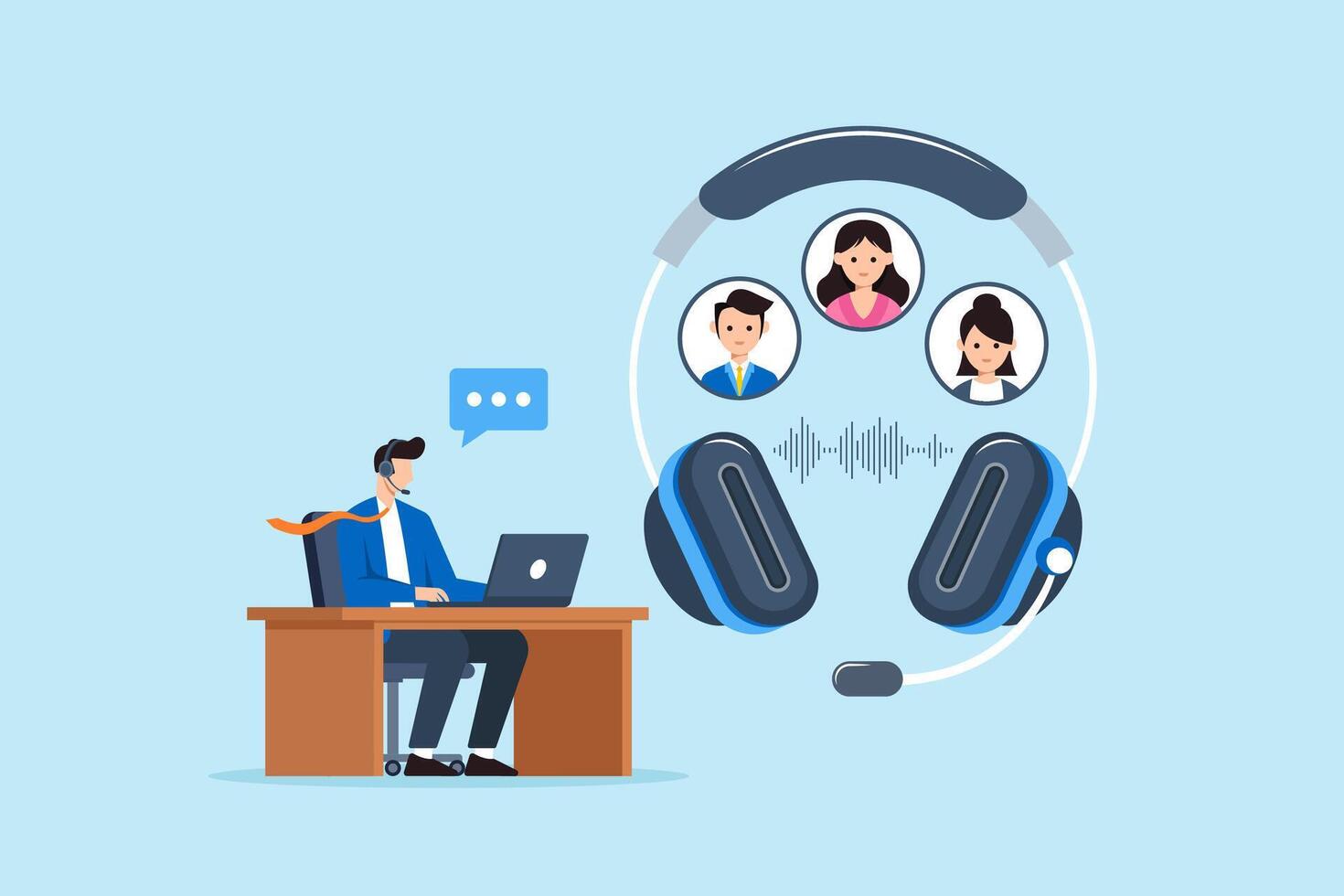 Flat illustration of call center operator assisting clients remotely with headset and laptop in virtual communication support vector