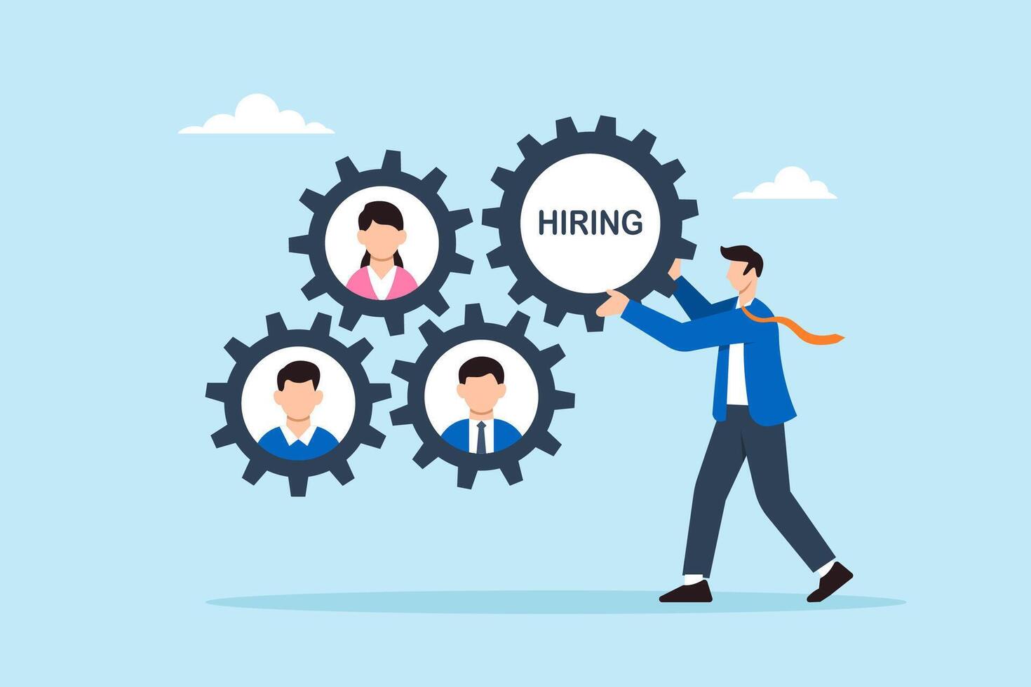 Flat illustration of human resource manager assembling hiring gear with candidate profile cogs to represent teamwork and process integration in business recruitment vector