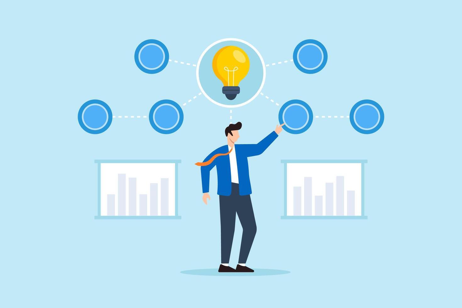 Flat illustration of businessman activating central hub of floating data chart to illuminate idea clarity and digital insight vector