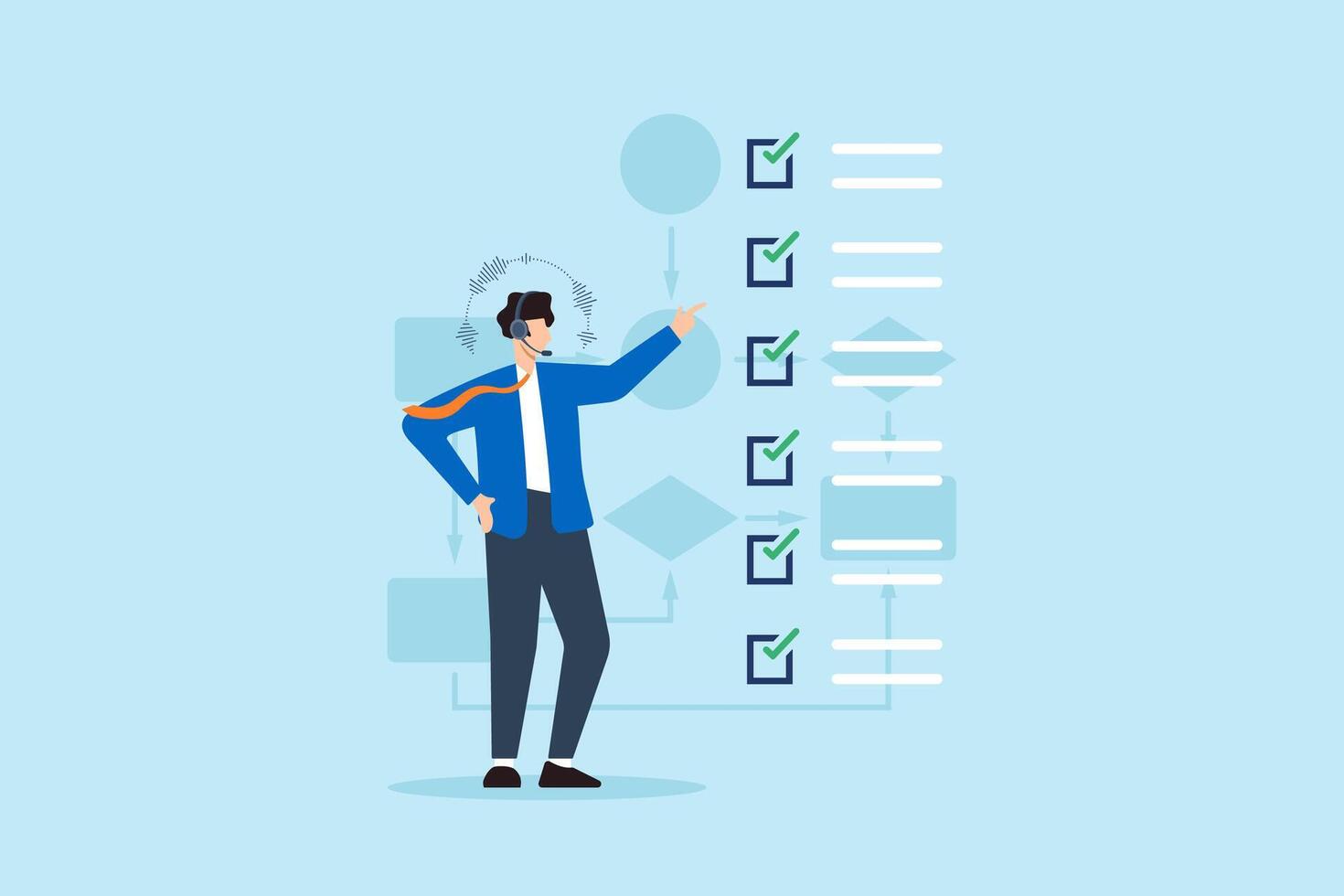Flat illustration of consultant communicating task checklist during voice call using headset in business workflow system vector