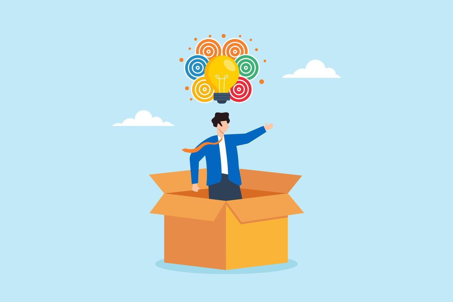 Flat illustration of creative businessman releasing colorful inspiration from cardboard box with glowing lightbulb representing thinking outside vector