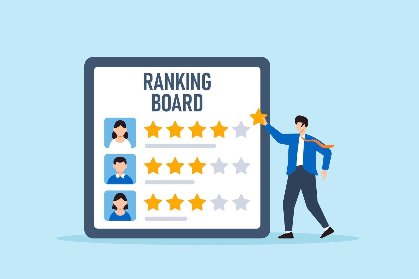 Flat illustration of human resource manager placing rating stars next to candidate avatars on ranking board to evaluate interview selection and onboarding priority vector