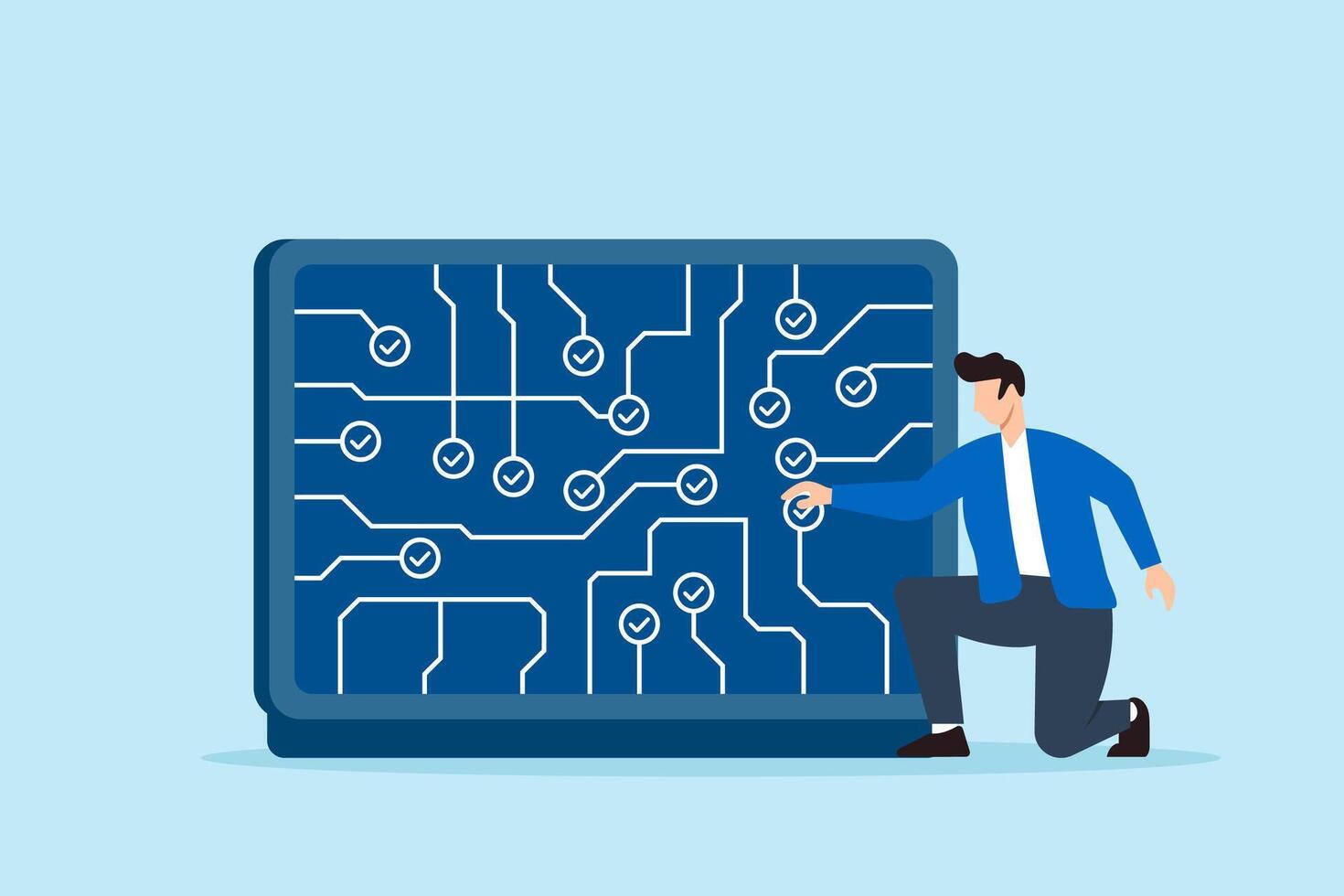 Flat illustration of remote worker connecting checklist circuits on digital motherboard to represent task alignment and project tracking system vector