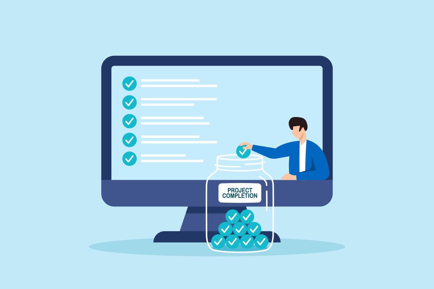 Flat illustration of remote worker filling jar with completed task marbles to measure project completion in digital productivity system vector