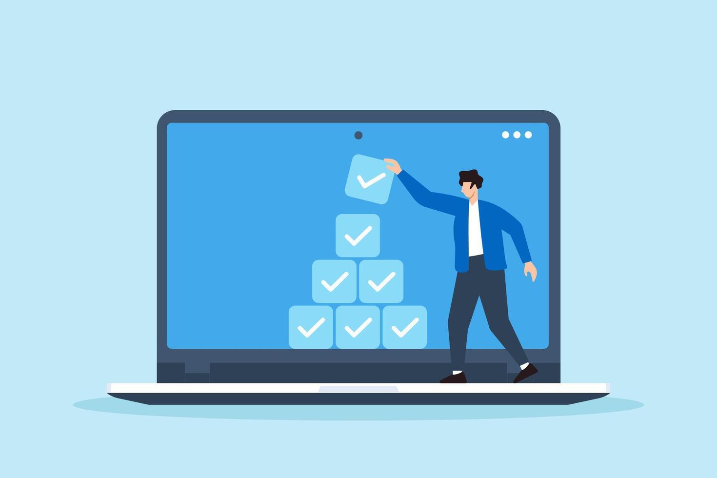 Flat illustration of freelancer stacking completed tasks like building blocks in virtual workspace to represent productivity and project organization vector