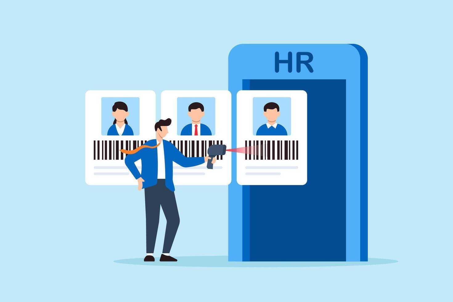 Flat illustration of human resource manager scanning candidate barcodes before entering HR gateway as part of automated hiring and onboarding verification process vector