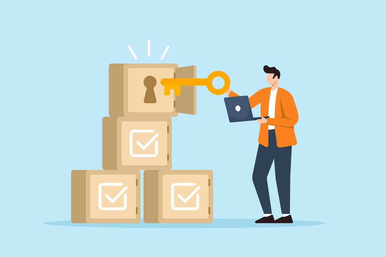 Flat illustration of remote worker unlocking achievement boxes with checklist symbols using digital key for goal success and task milestone vector