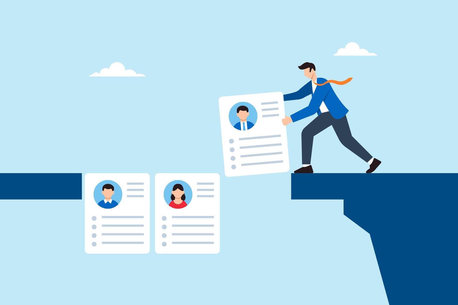Flat illustration of human resource manager building bridge using candidate resumes to connect recruitment and onboarding process in HR workflow vector