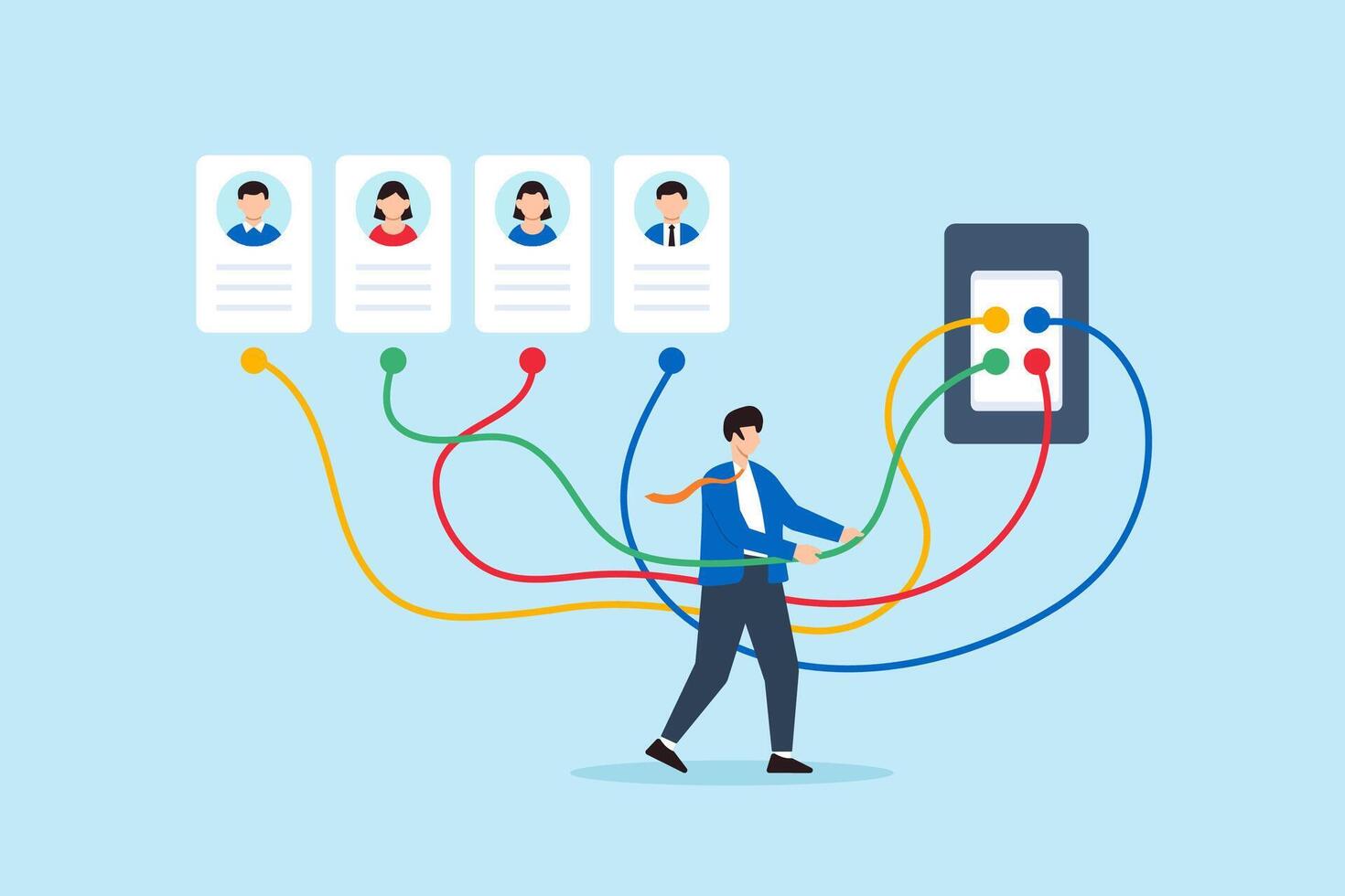 Flat illustration of human resource manager connecting colored wires from candidate profiles to job slot in recruitment panel to match skills and hiring needs vector