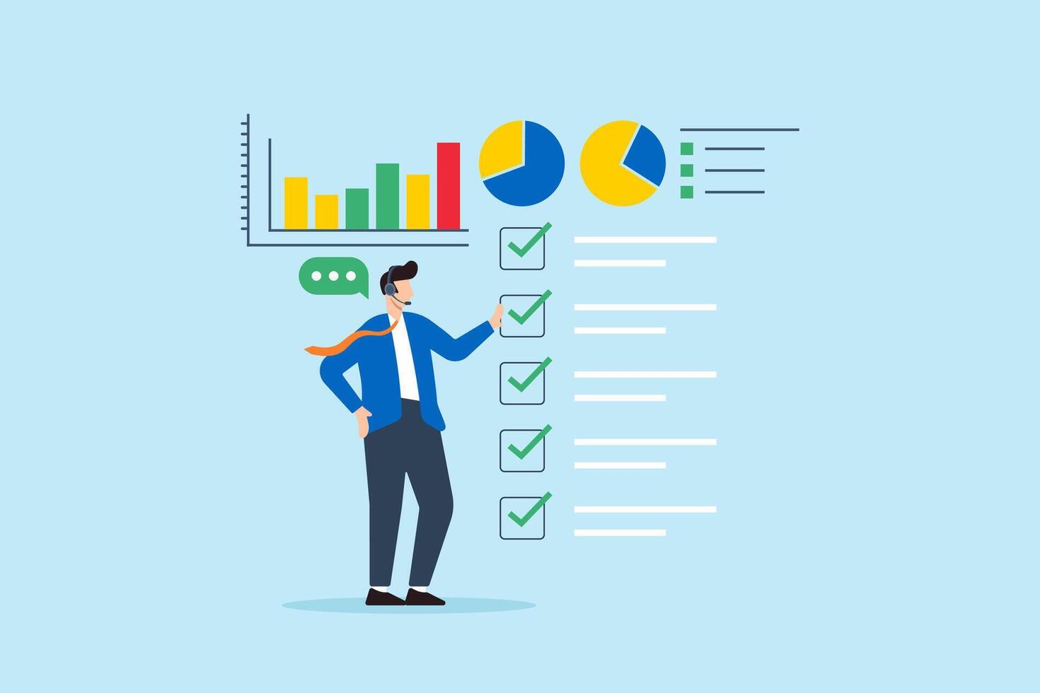 Flat illustration of operator communicating checklist and tasks using dashboard and performance charts in business data report vector