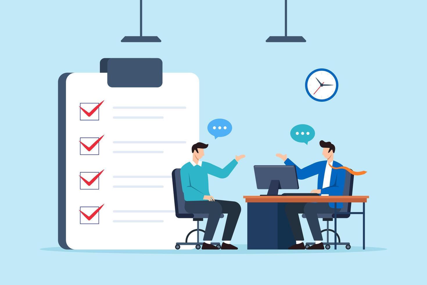 Flat illustration of consultant discussing tasks with client using checklist and desktop computer in office meeting vector