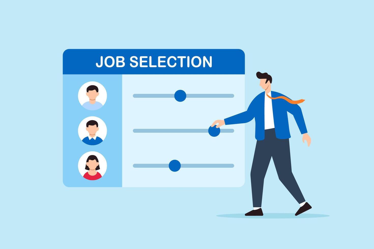 Flat illustration of human resource manager adjusting qualification sliders on job selection dashboard to evaluate candidates for recruitment process vector