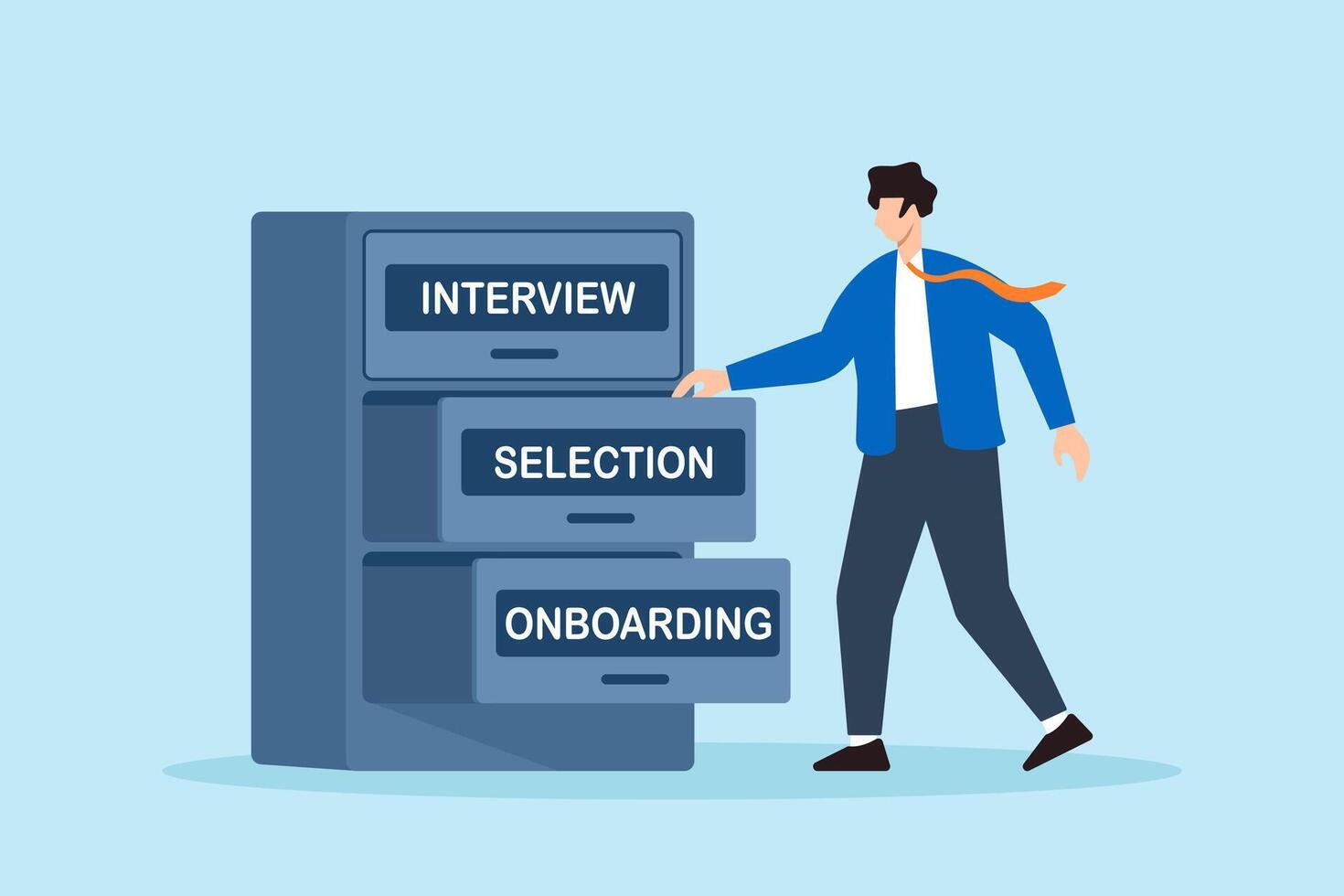 Flat illustration of human resource manager opening filing cabinet drawers labeled interview selection and onboarding to organize recruitment process vector