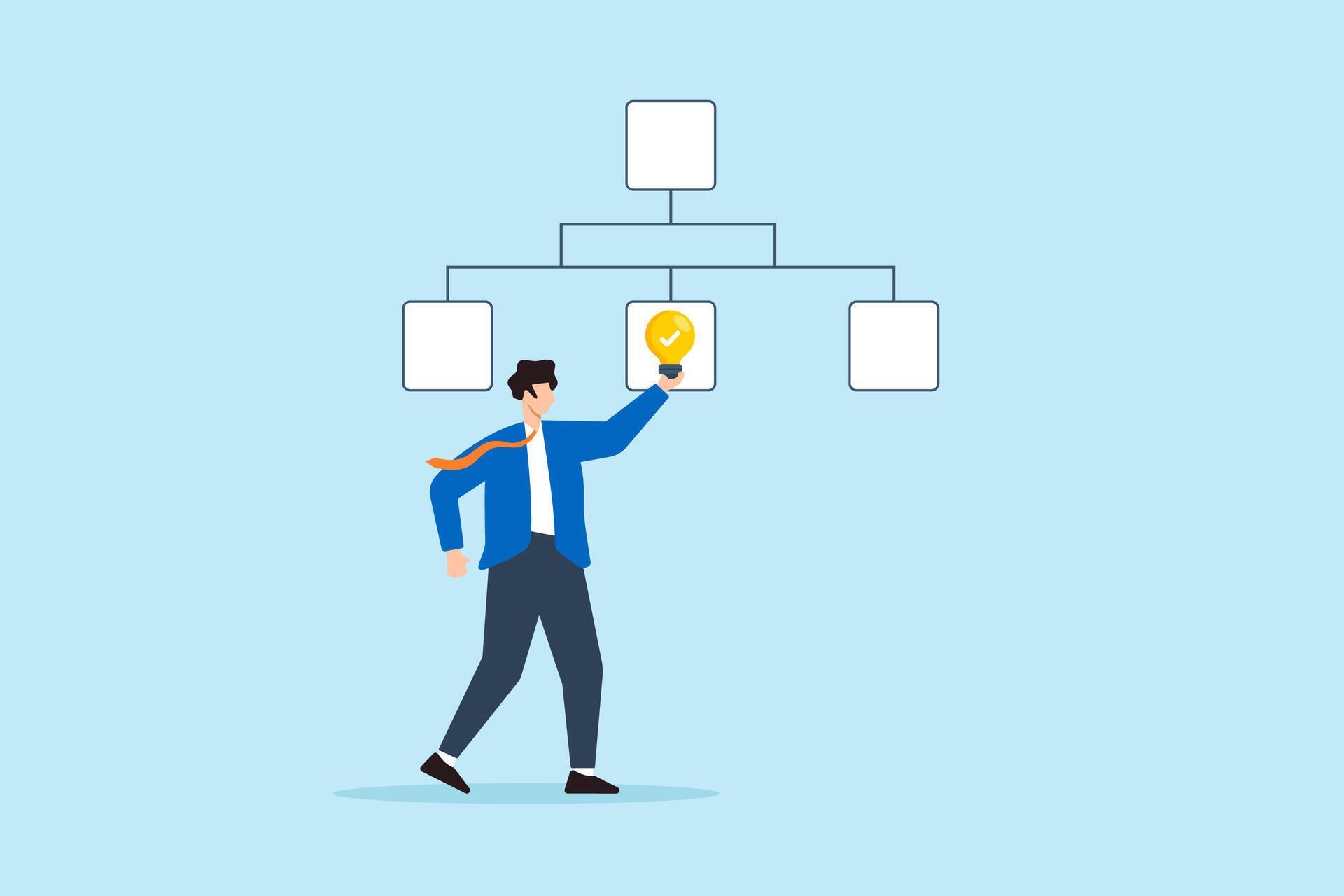 Flat illustration of businessman placing checkmark lightbulb on ...